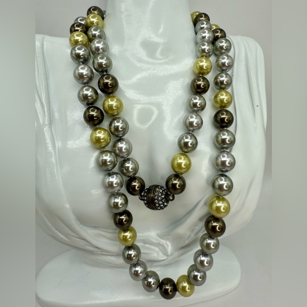 Heidi Daus Faux Pearl Necklace 36” — Multi-Tone Double Strand w Pave Screw Clasp - Picture 6 of 17